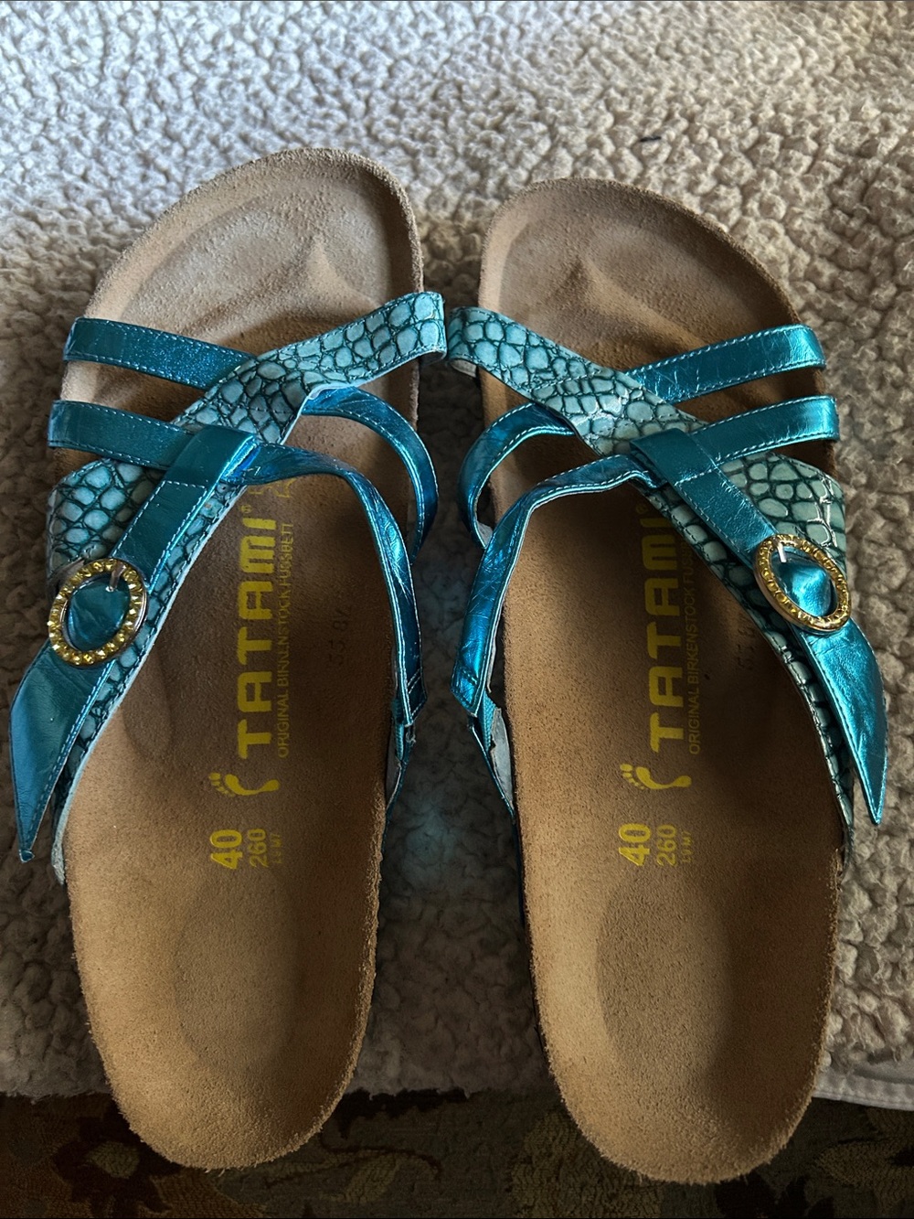 Birkenstock-Tatami Teal Metallic Strappy Sandals with Gold Buckles Sz 9 (40)